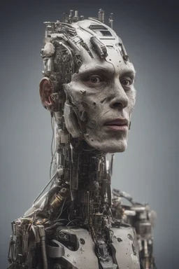 A creature half human half machine with electronic chips , front view
