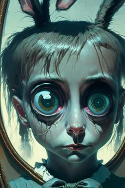 Mr. Nightmare bunny,cute, big eyes, reflection in eyes, magical,whole body, Art by Norman Rockwell, digital art, trending on artstation, high contrast, deep color, magical, beautiful