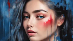 masterpiece, best quality, ultra high res, 1girl, (abstract art:1.4), bleeding blue, blue theme, visually stunning, beautiful, evocative, emotional, side view,