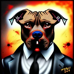  spray paint art,realistic pit bull mafia boss with machine gun and suit, city streets,run for cover, book illustration