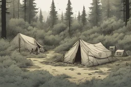 campsite, tents, overgrown, post-apocalyptic, comic book, forest