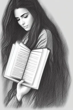 Pencil sketch of Young woman, Arab features,sad, long wavy hair, reading a book, full body، on lined paper