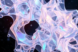 create A picture of 3d complex hypnotic fractal translucent 3D geometry structures evolving and morphing, fluid geometry shifting between organic and geometric forms, iridescent glass material with internal glow and pretty bubbles inside,instances must have random translucent material smooth must capture comple struct , galaxy background, seamless motion, cinematic lighting, generative art style.
