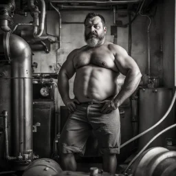 full figure shot photography, ugly turkish chubby plumber repairs boiler, burly, shirtless, hairy allover, manly chest, muscular big beefy 40 years old, dressed in boxer, big thighs, seen from below, frontal view, ambient occlusion, side light