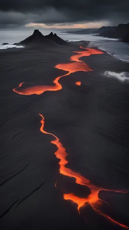 A volcanic island with black sand beaches, surrounded by lava that flows into the sea, vapor, sea,forming otherworldly patterns