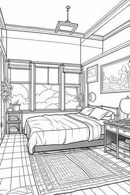 Outline art, simpl House interior design, bedroom, cartoon style, thick lines, low details, --ar 9:11