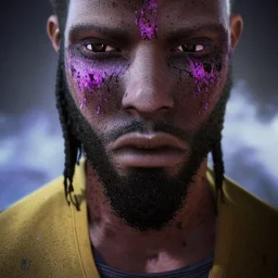 portrait, badass black man, long curly black hair, purple scar on eye, post-apocalyptic, realistic, intriacte detail, sci-fi fantasy style, volumetric lighting, particales,highly detailed,cinamatic, deep colours,8k