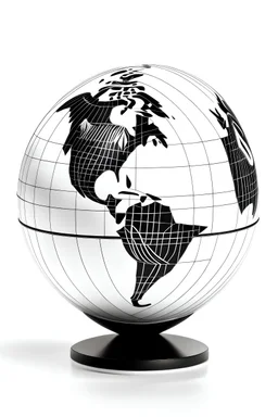 White background, black world globe with white latitude and longitude lines , at the centre of the globe an eagle in white (dominant) and black