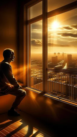 A man who arching the sky Outside the window, the sun bathes the city in golden light, symbolizing the boundless opportunities awaiting those who dare to dream big and chase after their ambitions.