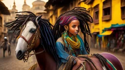 "I'm envisioning a captivating scene featuring an Ethiopian local girl with dreadlocks riding a horse in the city. The backdrop is a vibrant Ethiopian cityscape, seamlessly blending traditional and modern elements. The girl, adorned in colorful and traditional clothing, proudly displays beautiful dreadlocks adorned with beads and accessories. She skillfully rides a horse through the bustling city streets, with the horse adorned in traditional Ethiopian fabric and beaded decorations. The surround