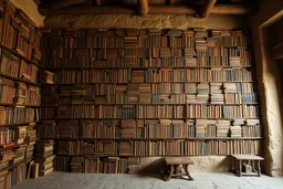 elaborate library on a wall in a in an ancient Egyptian temple mud hut full of leather-bound books stretching to ceiling occupying the entire wall, striking, juxtapositional, fantastical