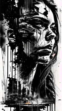 double exposure collage portrait of the craying woman, face of sadness, character design, shadows, building, noise, smog, surreal style, high detail, realistic photo, black pen and ink, intricate detailed black and silver line art, thick black ink on wet paper, dramatic mood, graffiti art, splash art, dark oil gouache melting, gloomy