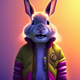 pixar style anamorphic cute smiling baby rabbit, smiling, cyberpunk headphone, sunglass, gangsta gold neckless, full body, magenta puffer jacket, manila city backdrop, dramatic lighting, hyper realistic, unreal engine 5, 16k