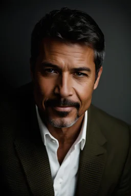 Portrait of a 50 year old Olive skinned handsome male with dark salt and pepper short hair and a goatee beard, smirking