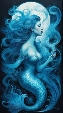 Bosch painting style of blur smoke, neon Blue ink swirls, beautifully lit, detailed of a two mermaid in love