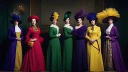 A tableau of intrigue: Miss Scarlett in red allure, Colonel Mustard in yellow-ish authority, Mrs. White in crisp black and white efficiency, Reverend Green in serene greenish robes, Mrs. Peacock in regal blue elegance, and Professor Plum in luxurious purple eccentricity. Together, they embody the enigmatic narrative of our novel.