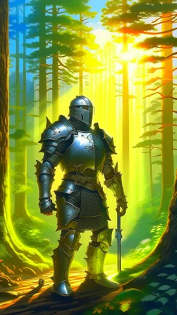 Photorealism. random Human in armor. forest in background. Sunlight through clouds. Giant Nephilim in the background