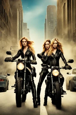 Poster for an action film called "The Motorbike Girls" starring Katherine McNamara, Margot Robbie and Georgia Henshaw wearing tight leather catsuits.