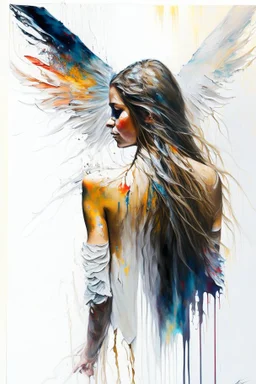 A detailed illustration of a beautiful young female human with growing out of her back. Her skin, hair and face are all made of paint. Her wings are spread. Front view. Highly detailed flawless facial features and eyes. Abstract Oil painting splash art. White background, wide angle, abstract design, beautiful, thick flowing paint strokes, dripping paint, fantasy art, modern art, ((soft happy complimentary colors,)) modern aesthetic, focused on the character, 4K resolution.