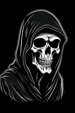 1950s character with skull face wearing a black hooded cloak, drawn in a early animation rubber hose animation style, inside a diamond shape on a black background, monochromatic