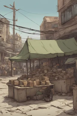 town market, post-apocalyptic, comicbook concept art style