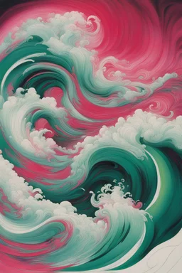 two red-ish fuchsia and green-ish jade aurora borealis swirling wildly on a white mask, abstract art, by Hokusai
