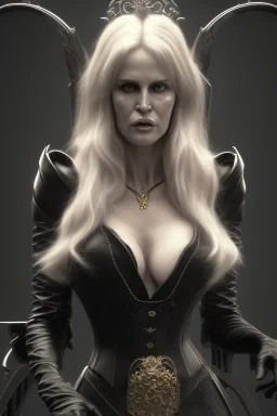 Daryl Hannah as evil queen in black leather, busty, cleavage, angry, stern look. character design by fenghua zhong. unreal engine 5, artistic lighting, highly detailed, photorealistic, fantasy