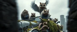 close up on bad ass Owlbears badgers beavers overlord on stone age overgrown lorry with some kobolds, hyperrealism, motion blur background with black stone pillars as frame