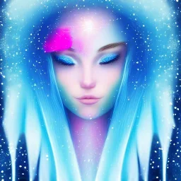 Face Angel crystalline,blond hair, blue eye ,pink , cosmic, opalescent, gemstones, crystals, other worldly,water,bright, ice background, snow lake blue