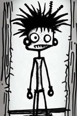 2d drawing of a stickman, cool with punk hair, x eyes like in hangman, no shirt in only a towel,standing with folded arms,