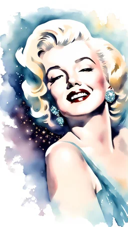 Marylin Monroe looking up, soft watercolors, sparkle core, cottage Unk, warm core, smile core, T J Word