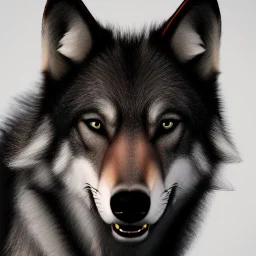 Ultra realistic cg rendering of Jet black wolf with gold eyes and saliva dripping from canine teeth