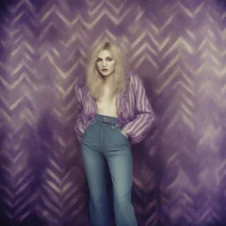 Singer Madonna, hippie girl, jeans, purple fur, striped wallpaper, old autochrome