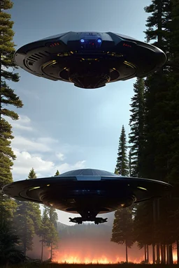 a bunch of school kids see 1 ufo flying over tall pine trees, concept art, by Asaf Hanuka, by Weta Digital, Electric Colors, Screen Space Global Illumination, in a symbolic and meaningful style, the craft has flat bottom,3 large lights underneath ufo glow with intense fury,