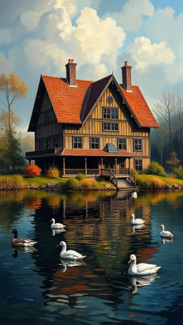 A big house on the lake with ducks in masterfully detailed, vibrant created with spatulated oil painting techniques, featuring thick, saturated oil pigments in the style of Rembrandt