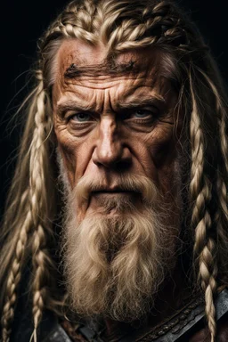 portrait of a 60-year-old viking ,blonde beard and long blond hair with Two small braids. Rugged face with a scar on his cheek. dark fantasy