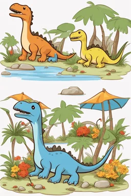 cute dinosaur colored with the basic colors black, red, blue, light blue, green, yellow, orange and bench, full body, defined lines, no shadows, white background, clear and well, without shadows, this dinosaur is eating flowers on the shore from the lake