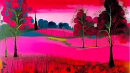 A magenta field with cypress trees painted by Joan Miro