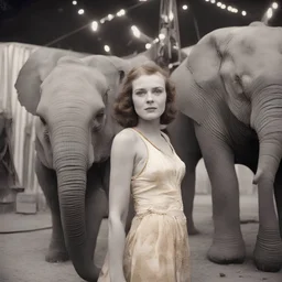 A woman , freckles, with an elephant, at the circus, 1970s, golden