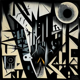 futuristic mix of constructivism and surrealism. Abstract art masterpiece by Ray Johnson and Colin McCahon and Phlegm, depicting the concept of nyctophobia (fear of the dark). The surreal illustration is a mind-bending, asymmetric composition burning features and dark silhouettes evoking a sense of fear and unease. The 2D futuristic artwork showcases a unique blend of precise geometric shapes and straight lines.