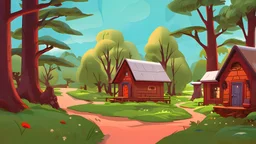 Cartoon style: far far away, down the hill between trees, one tiny wooden house with red roof