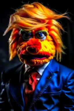 a Film Photograph of a realistic angry orange Donald Trump Muppet made of felt and fur wearing a dark blue suit and red tie and with blonde hair combover, he is angry