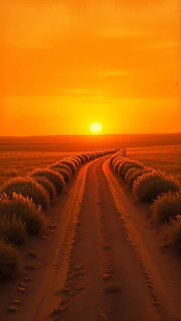 very dusty dirt path with sunset in the prairies, low horizon line, old western, painting based on grainy photo, orange brown tones