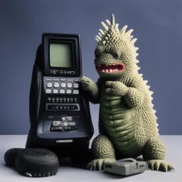 Godzilla as a baby muppet kawaii calling phone using a cellphone nokia, studio photo. Magazine 1980