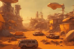 Post-apocalyptic oasis with enthusiastic atmosphere full of objects, orange and yellow colors
