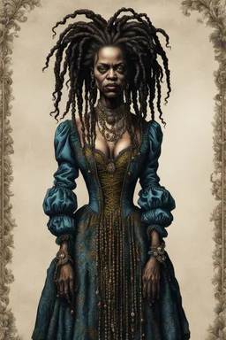 full body colored etching of an aged ornately dressed, malevolent, predatory voodoo female vampire l from the French West Indies with highly detailed beaded dreadlock hair and facial features ,in the style of Rembrandt, Gian Lorenzo Bernini, and Johannes Vermeer, with a fine art aesthetic, highly detailed , realistic , 4k UHD