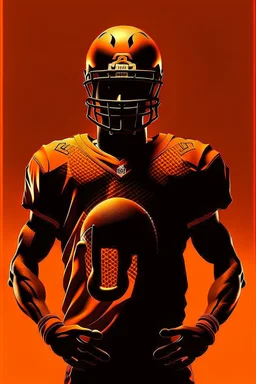 Silhouette of a football linebacker with a skull on front of jersey, orange background, photorealistic