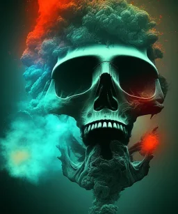 broken skull. black background. smoke and explode. particles in air. teal and orange. abstract. beksinski.