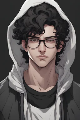 A 27-year-old young gentle man, with curly black hair, a thick chin, and wearing glasses, black clothes, hoodi, cyberpunk, smart face, Confident smile