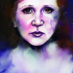 actress carrie fisher by Agnes Cecile with planet background, soft natural colors